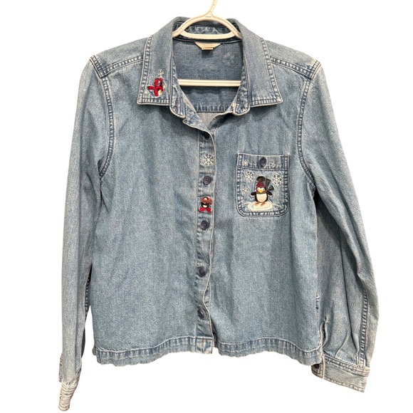 Christopher &‎ Banks Denim Shirt Womens M Winter Holiday Penguin Embroidered - Picture 1 of 12